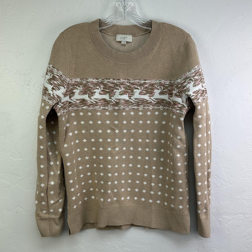 LOFT Outlet Sweater Womens Large Tan Fair Isle Reindeer Pullover Knit‎ Crewneck